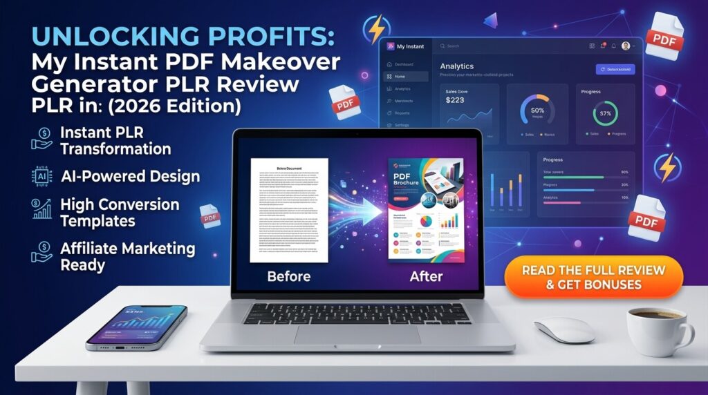 My Instant PDF Makeover Generator PLR Review 2026 featured image showing AI-powered PDF creation software transforming content into professional digital products.