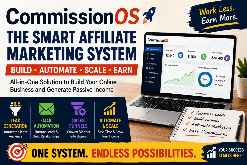 CommissionOS affiliate marketing system showing automation, sales funnels, email marketing, and online business growth.